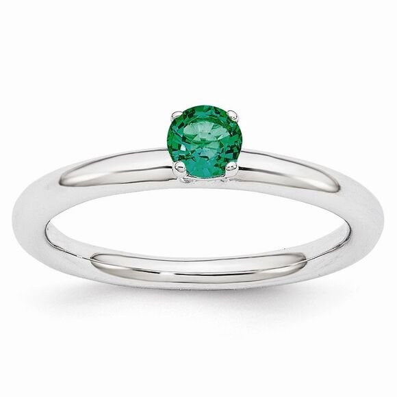 Black Bow Jewelry Co. Jewelry - Rhodium Plated Sterling Silver Stackable 4mm Created Emerald Ring Sz 5